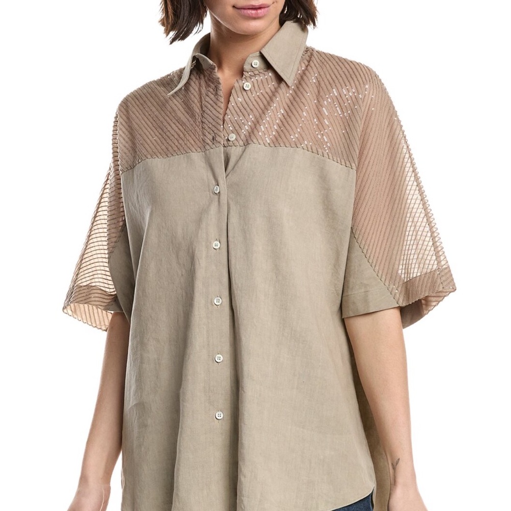 Brunello Cucinelli Beige Button Down Shirt with Sheer Panels